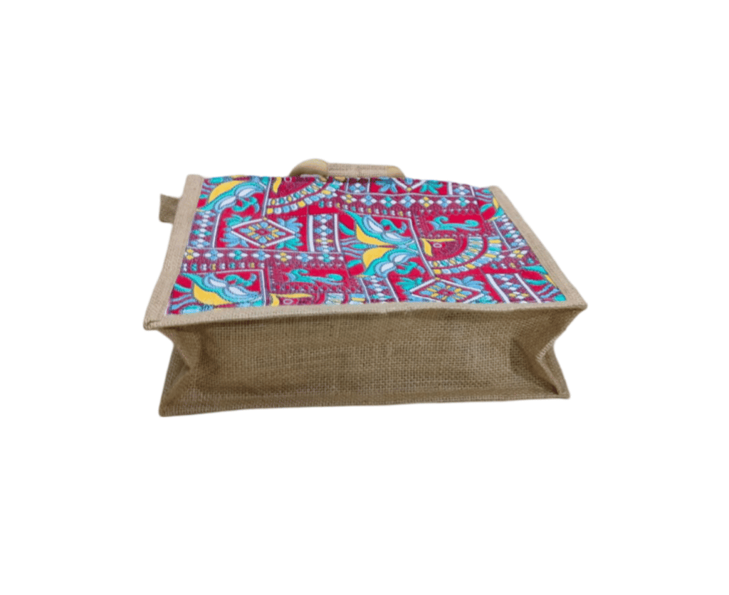Stylish and Eco-Friendly Jute Tote Bag with Colorful Geometric Patterns view 2