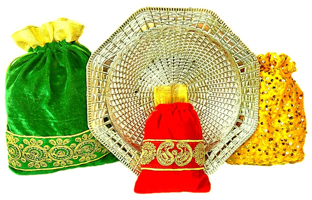 Omkar by R3 Inc. Gold Gift Basket / Bowl with Assorted size Shagun Potli for Gifts Hampers | Fancy Hamper| Wedding Basket / Pouch for gift Packing (Pack of 4) view 2