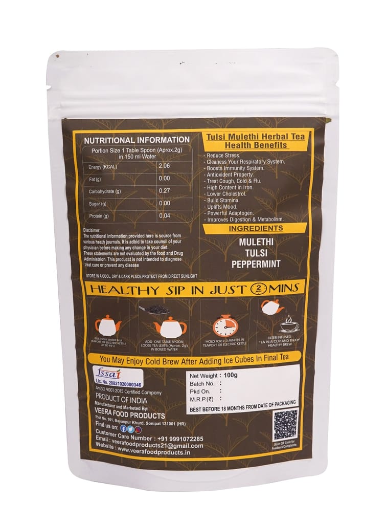 Tulsi Mulethi Herbal Tea -Caffeine free 100g - Improve Oral Health & Throat Infection - Powerful Natural Herbs - No Preservatives, No Artificial Flavours, Real Ingredients view 2