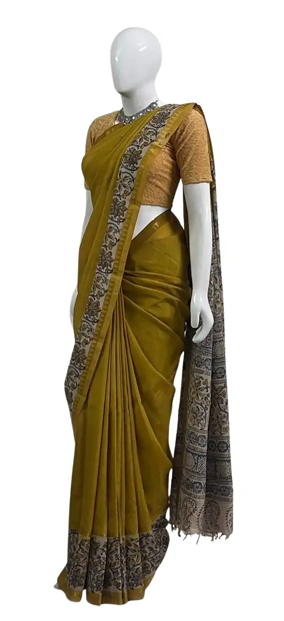 Kalamkari Mangalgiri Silk Cotton Saree Mustard Yellow view 2