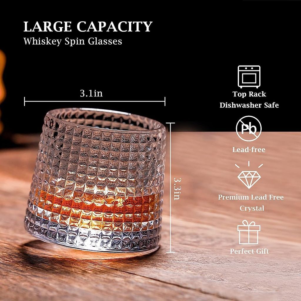 Diamond Dancing Whiskey Glass 200 ML Rotable Bottom, Spining Glasses Bar Glass for Drinking Bourbon, Whisky, Scotch, Cocktails (pack of 2) view 2