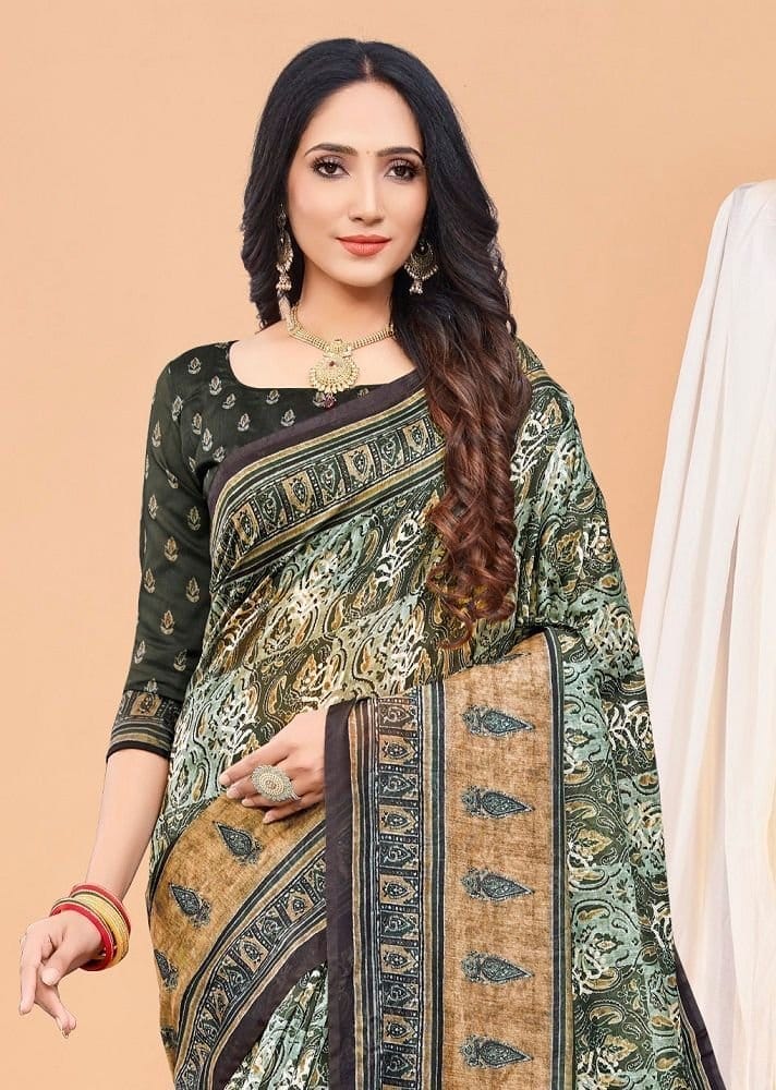 Digital Printed Chanderi Cotton Saree in Olive Green view 2