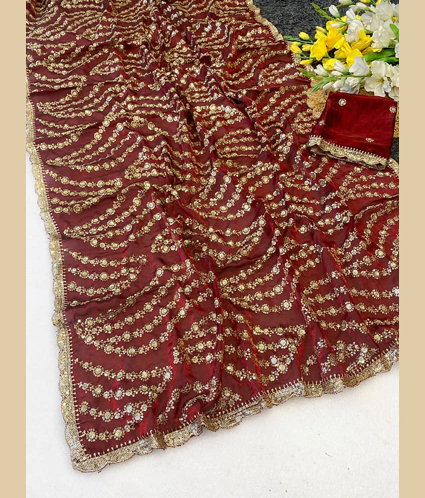 ofline selection Satin Applique Regular Saree With Unstitched Blouse Piece ( Fluorescent Orange )