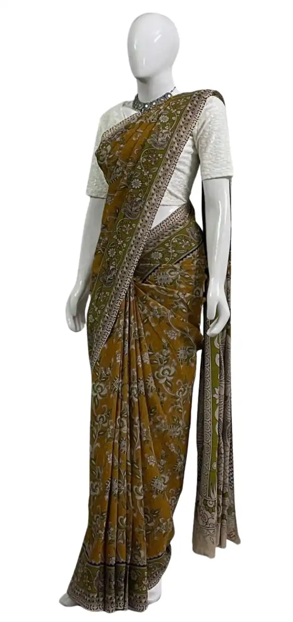Kalamkari Cotton Saree Mustard Olive Green Peacock Pallu view 2