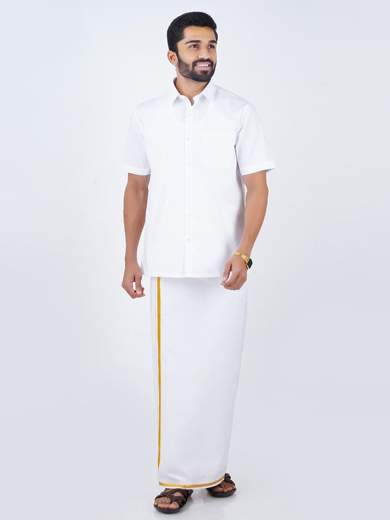 Mens Cotton White Shirt Bit with 1/2" Gold Jari Dhoti Combo Oscar view 2