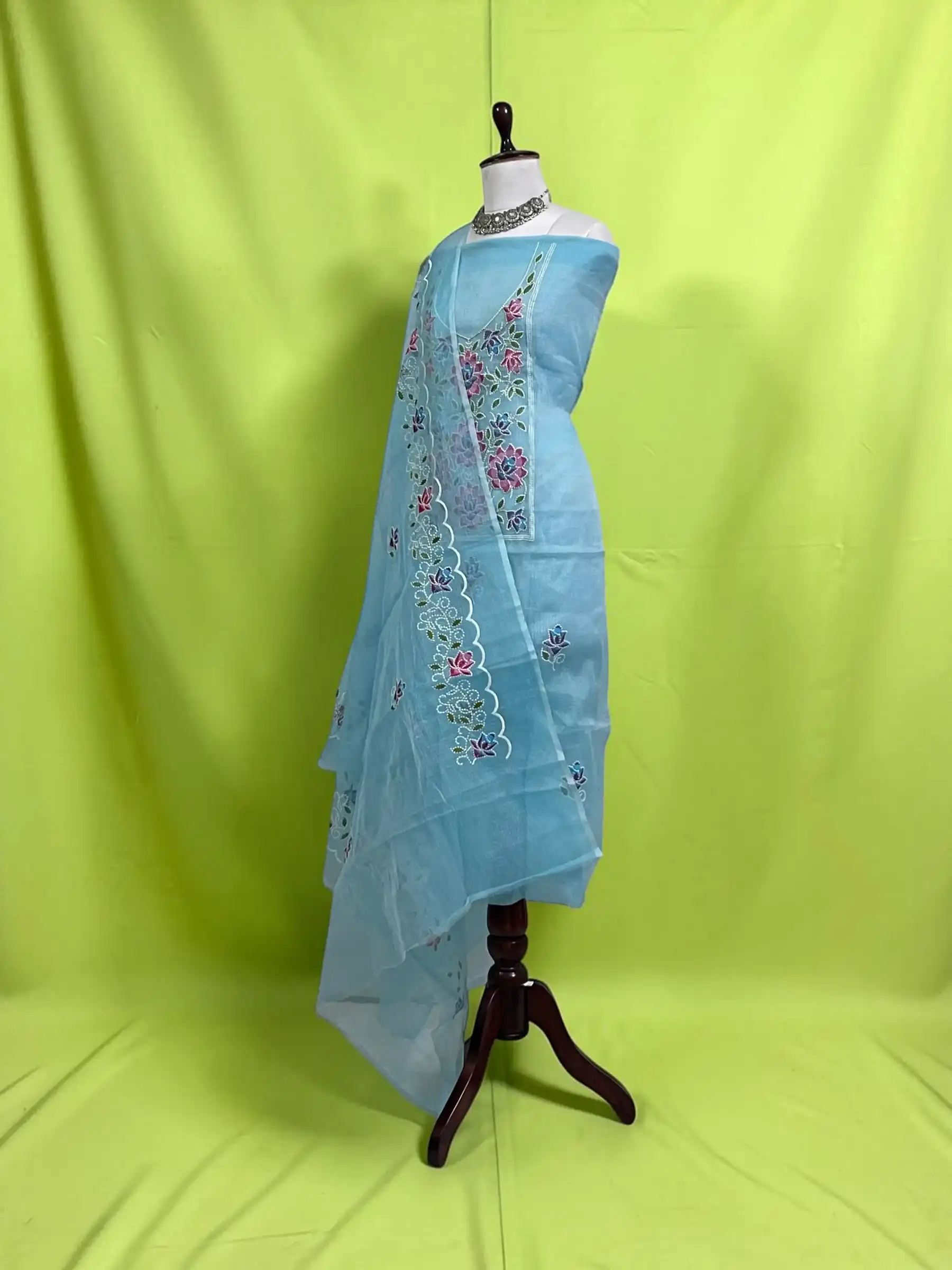 Kota Doria Cotton-Silk Dress Material with Hand-Embroidered Florals view 2