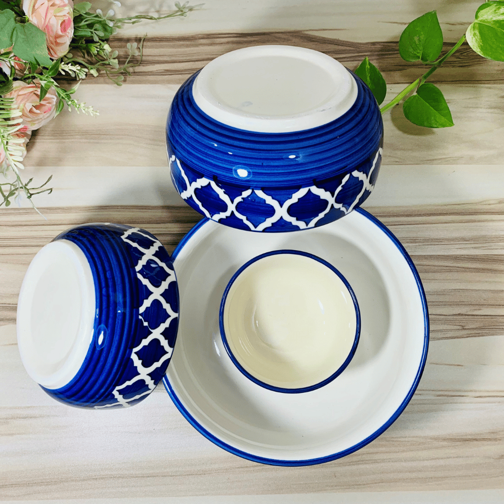 Homefrills Studio Pottery Hand-Painted Ceramic Serving & Mixing Bowls / Katoris for Snacks, Rice, Dal, Vegetables, Fruits, Salad, Noodles & Pasta Microwave Dishwasher Safe/BPA & Lead Free -Set of 4 Color -Blue view 2