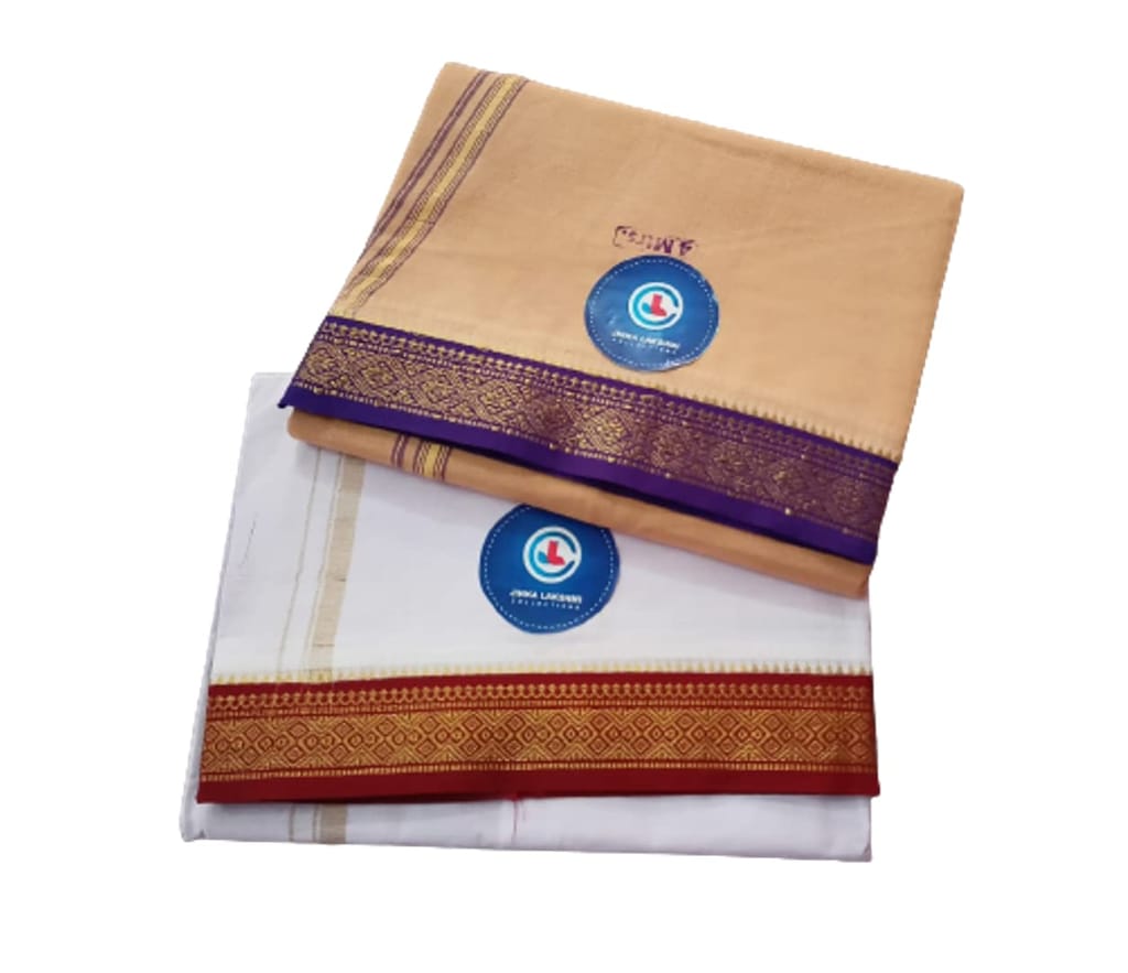 Jinka Lakshmi Collections 100% Handloom Cotton Dhoti With Big Borders 4 Meters Unstitched Pack of 2 (Multicolor-7) view 2
