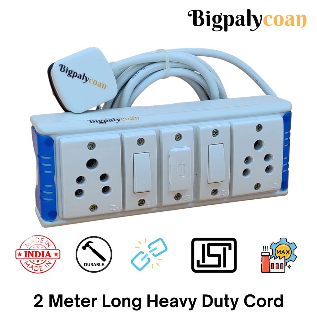 Bigpalycoan 2 Way Electric Multi Outlets Power Strip Spike Guard with Individual Switches Heavy Duty 2 metre Cord (Max. Rating 1200W- 230V) PVC Blue/Green-White view 2