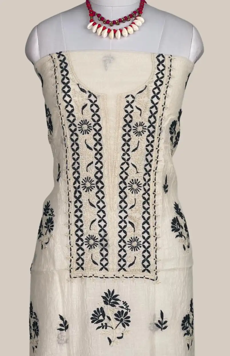 Chikankari Mul Chanderi Dress Material Ivory Black Floral view 2