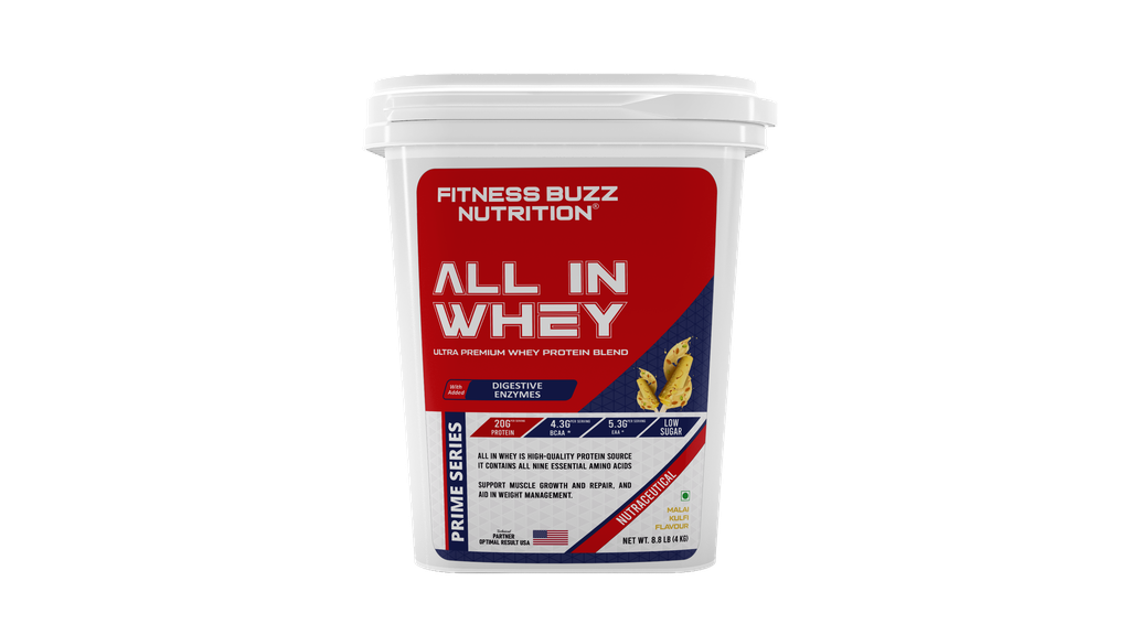 Fitness Buzz Nutrition I Prime Series I All in Whey with Added Digestive Enzymes I 20G Protein Per Serving I 4.3 BCAA Per Serving I 5.3G EAA Per Serving I Low Sugar I Nutraceutical I Veg I Malai Kulfi I 4 KG