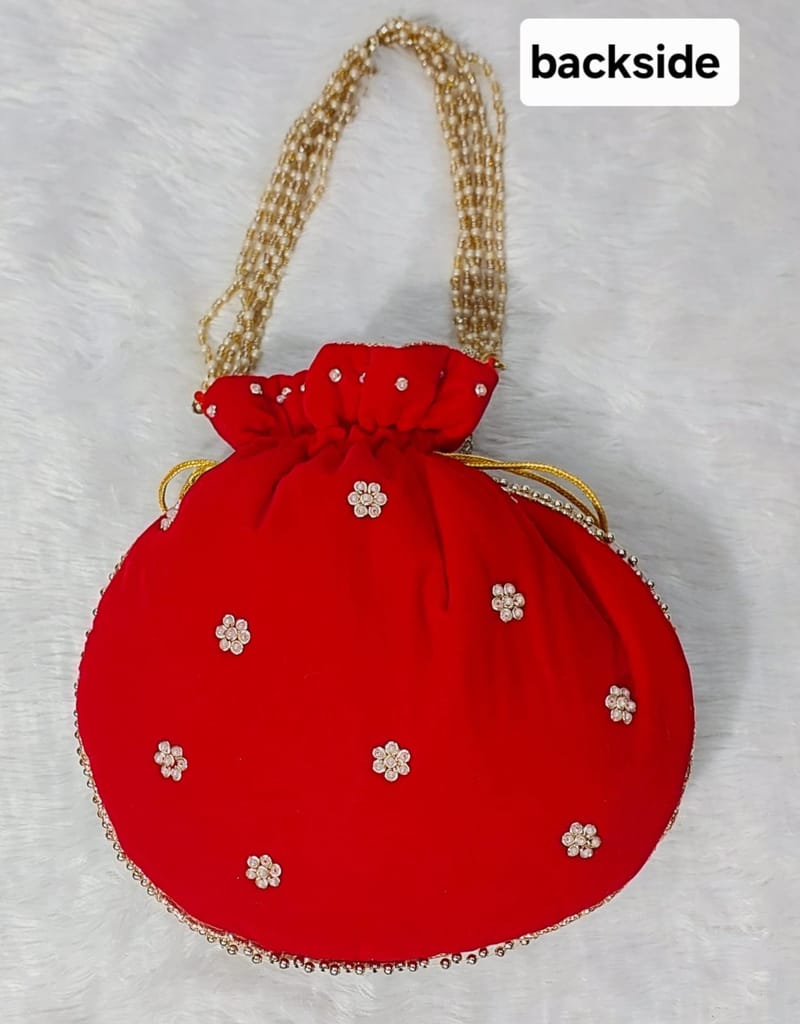 Red Velvet Potli Bag with Pearl and Stone Embellishment view 2