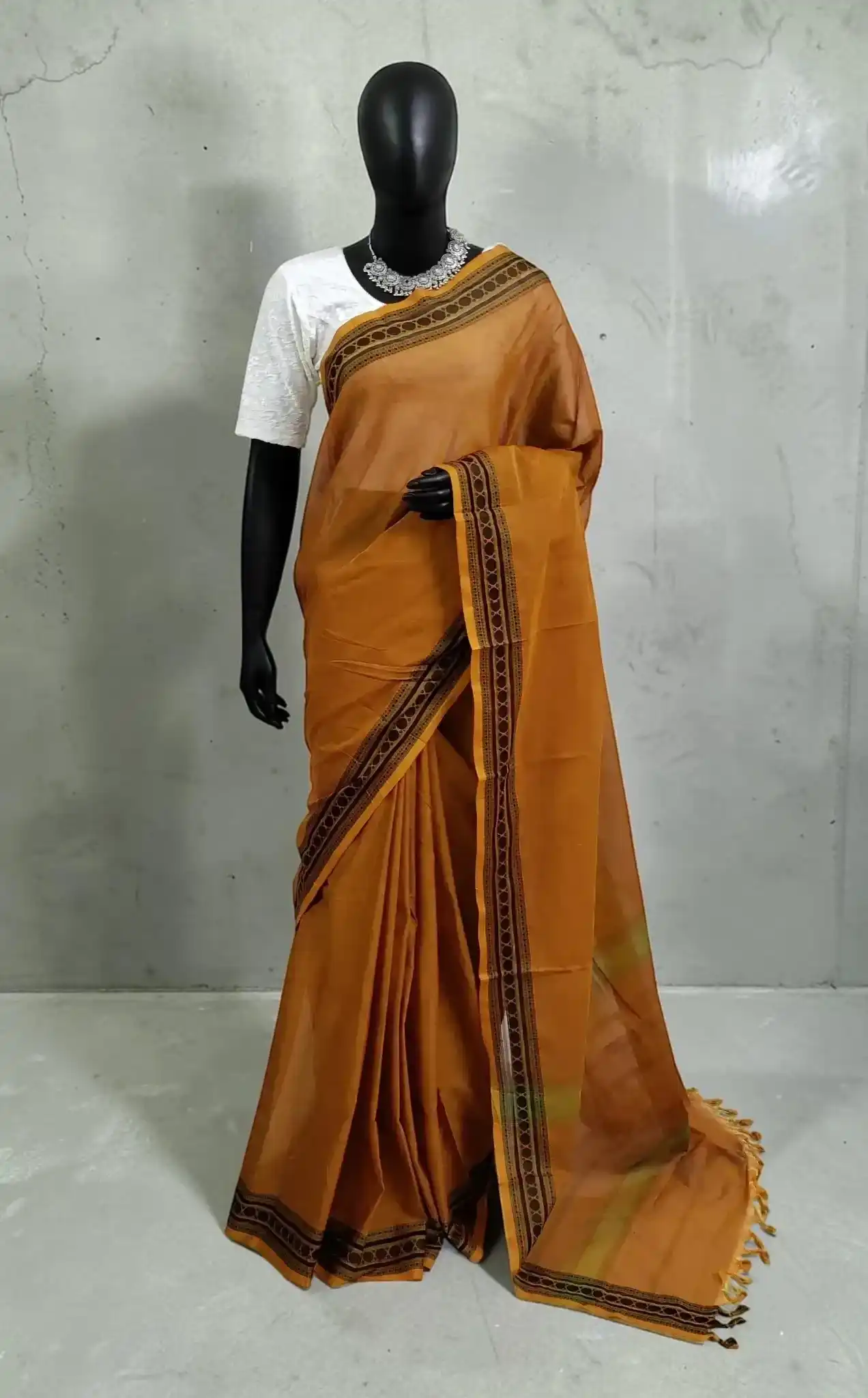 Handwoven Kanchipuram Cotton-Silk Saree in Mustard with Black Border