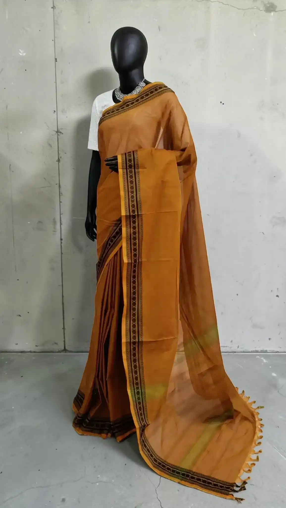 Handwoven Kanchipuram Cotton-Silk Saree in Mustard with Black Border view 2