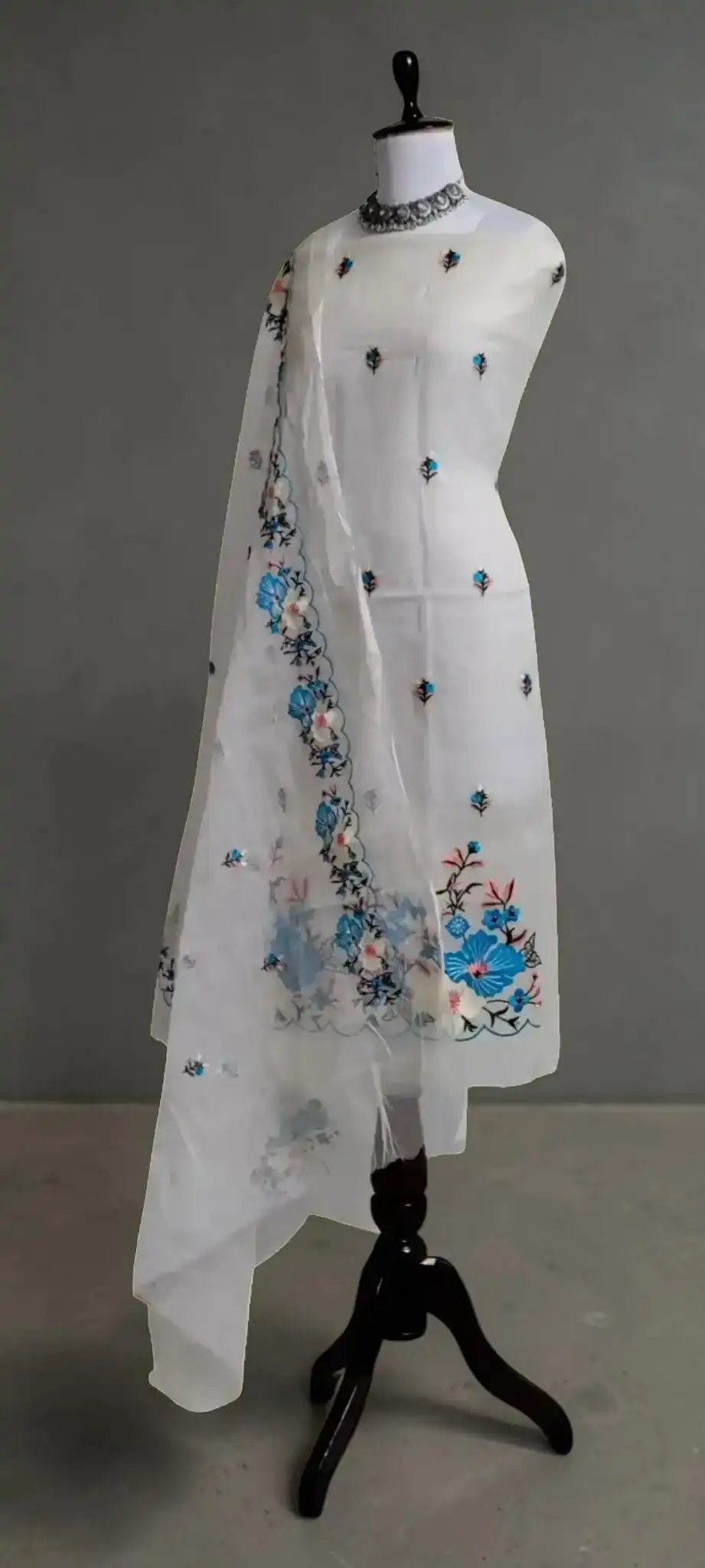 Handwoven Kota Doria Cotton-Silk Dress Material with Hand Embroidery view 2