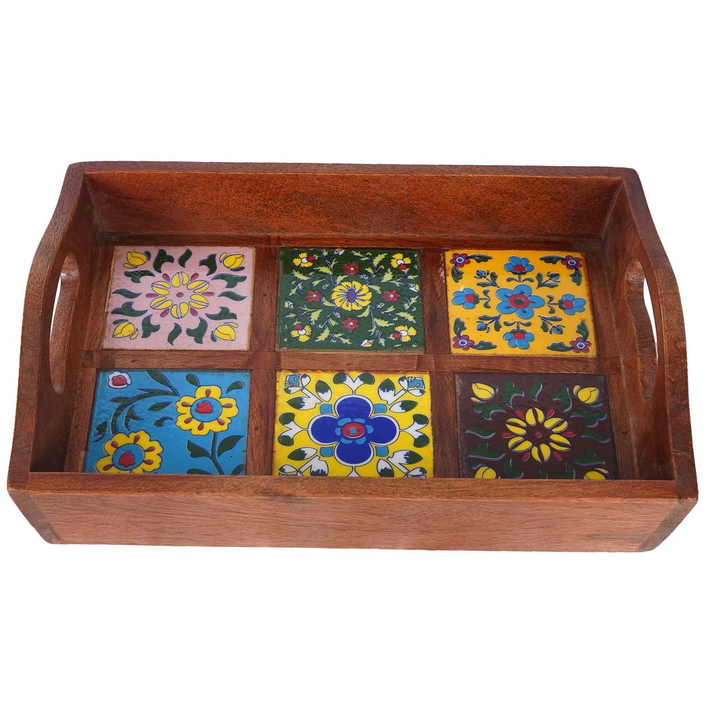 Tribes India Blue Pottery Wooden Serving Tray 30X20 view 2