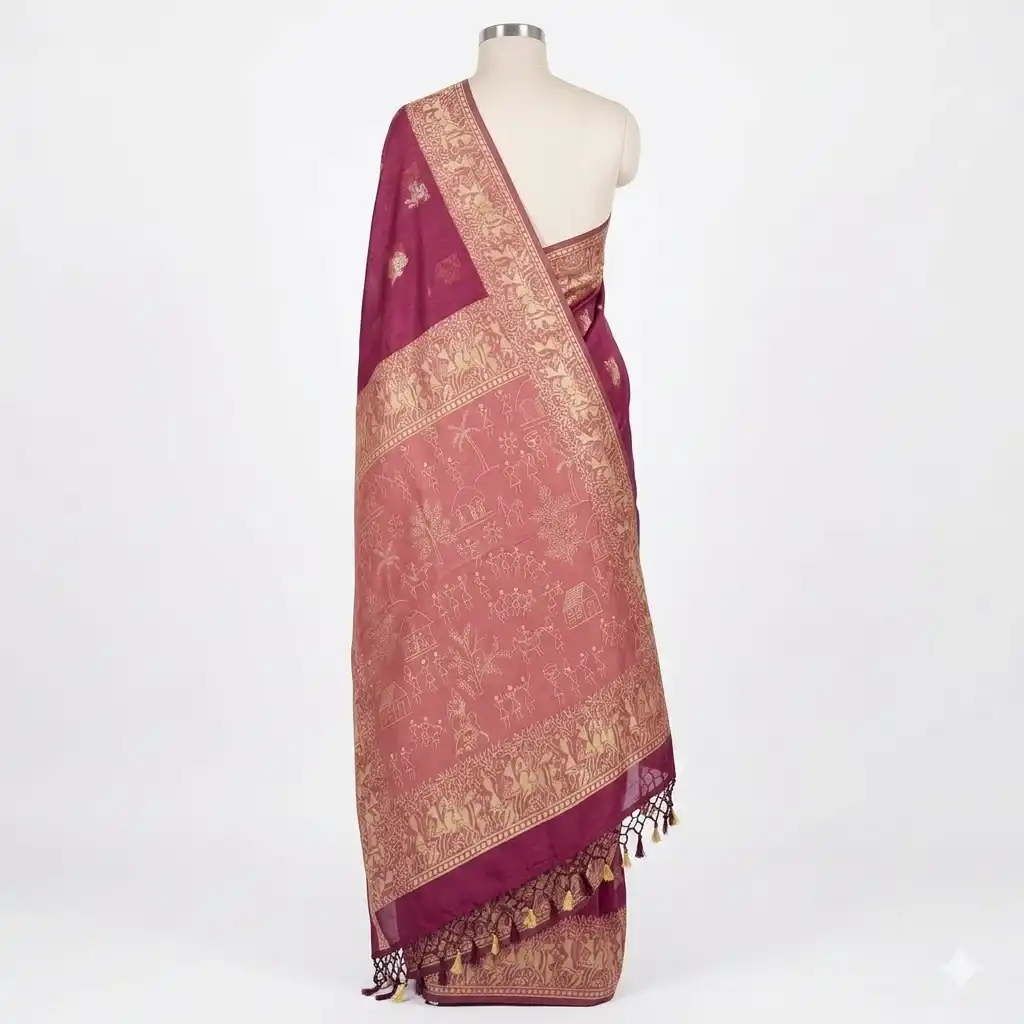 Rich Maroon Odisha Handloom Saree | Ethnic Woven Cotton view 2