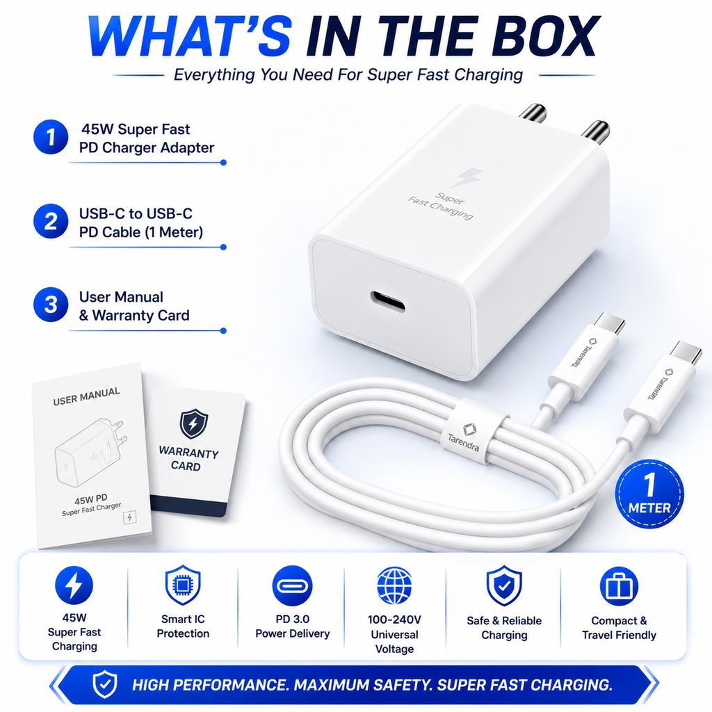 Tarendra 45W Super Fast Charger with USB C to USB C 120W PD Cable | Type C Fast Charging Adapter | PD PPS QC Support | Compatible with Samsung Galaxy S25/S24/S23/S22 Ultra, A56, A36, Nothing, Pixel, iPhone 16/15 Series (White) view 2