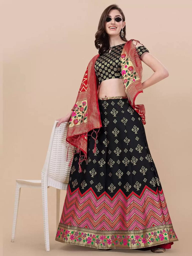 Black Brocade Fabric Lehenga & Unstitched Blouse With Dupatta view 2