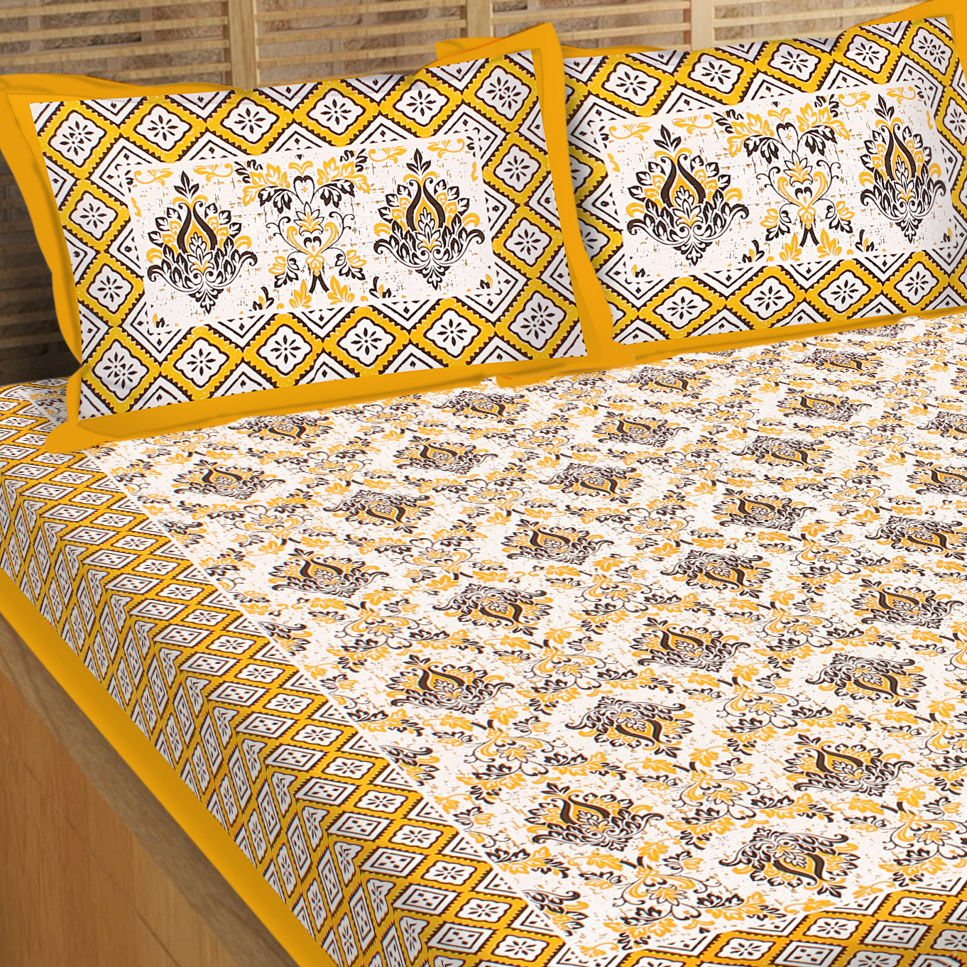Lali Prints Jaipuri Yellow White Floral Cotton 130 TC Queen Bedsheet 2 Pillow Covers view 2
