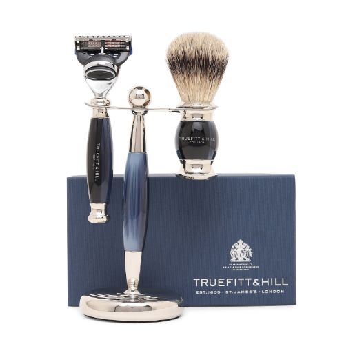 Truefitt & Hill Edwardian Set Faux Blue Opal Badger Brush,Fusion Razor,Stand 1 Piece