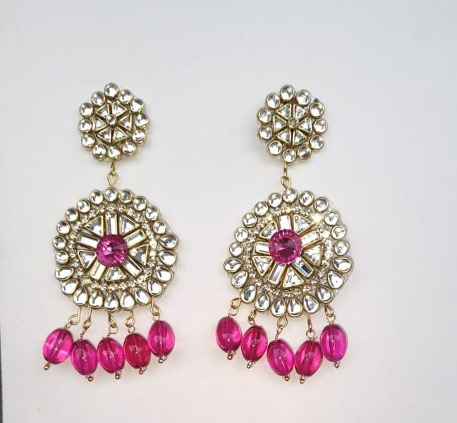 Exquisite Pink Kundan Chandbali Earrings with Beads for Women view 2