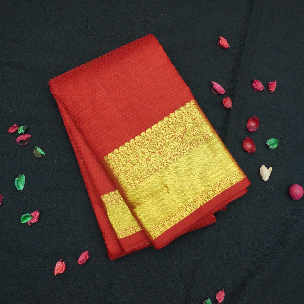 Chilly Red Wedding Silk Sari - Self Embossed Design view 2