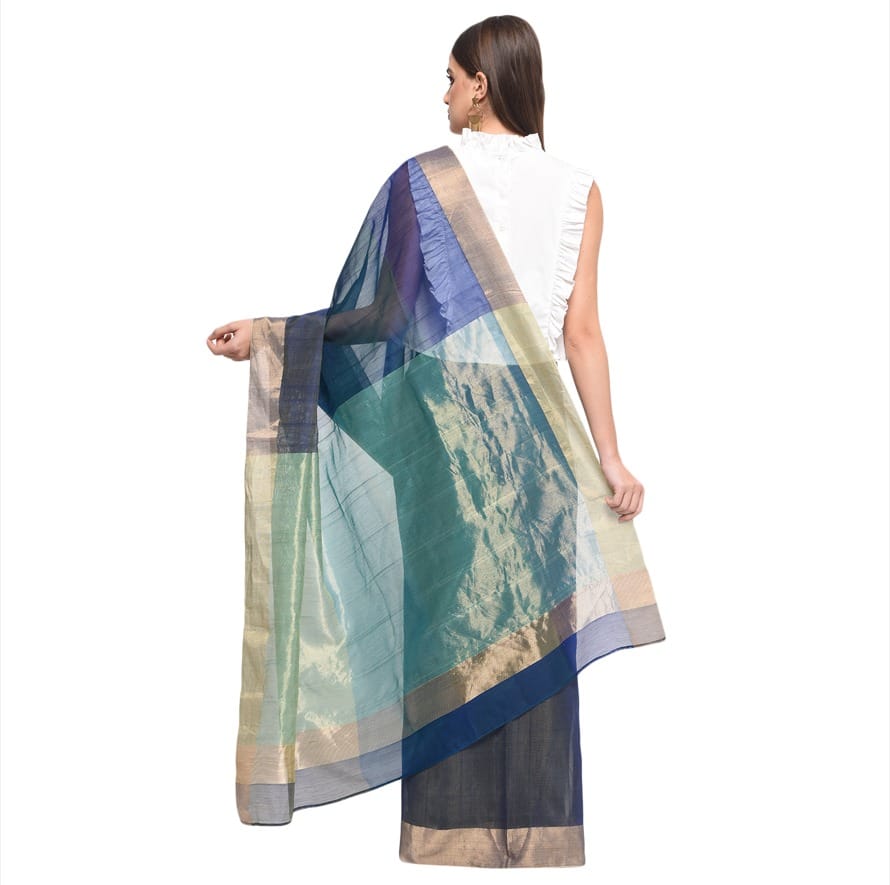 Fuchsia Designs Blue Shaded hand woven chanderi saree view 2