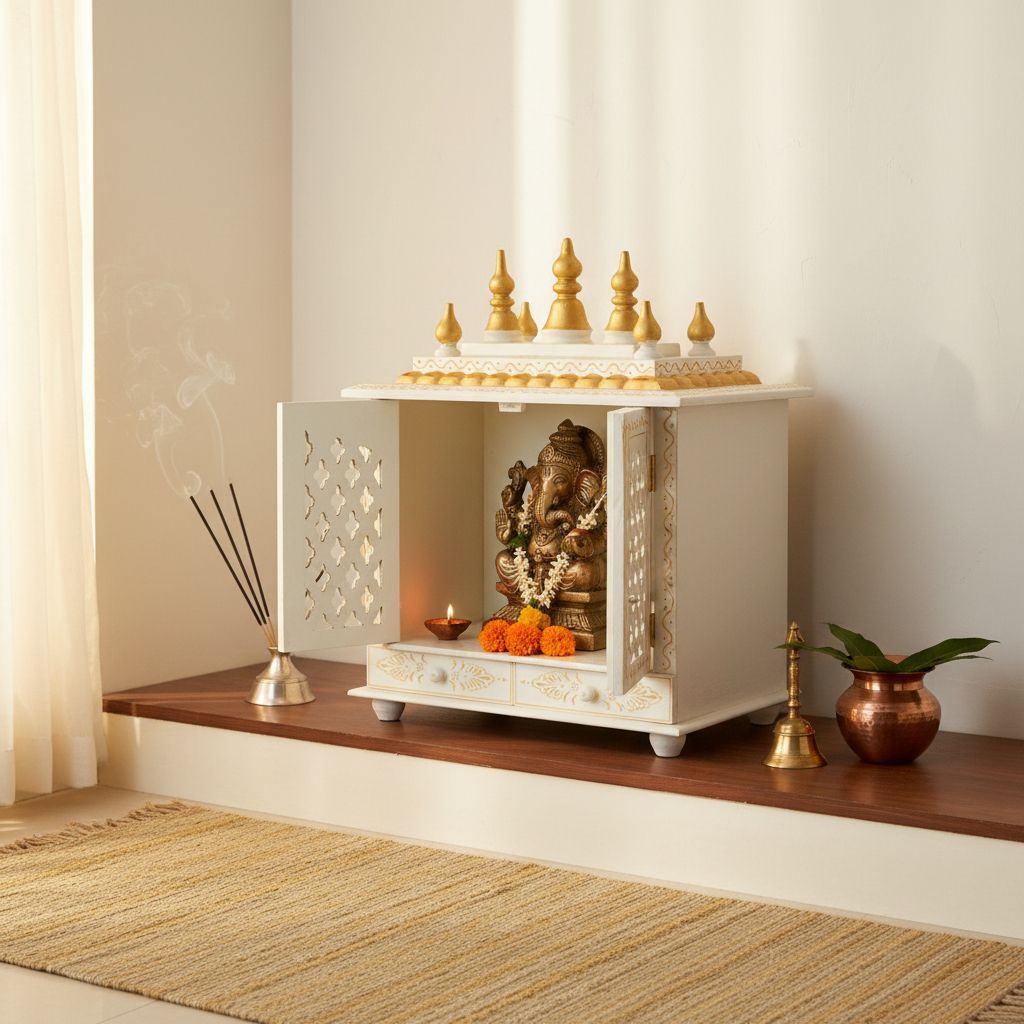 Wooden Painted Beautiful White Pooja Mandir | Wall Shop-Office Gifting Purpose view 2