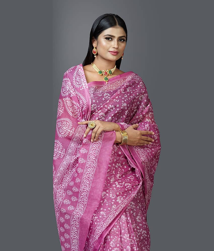 SHANVIKA Cotton Printed Saree Without Blouse Piece ( Pink ) view 2