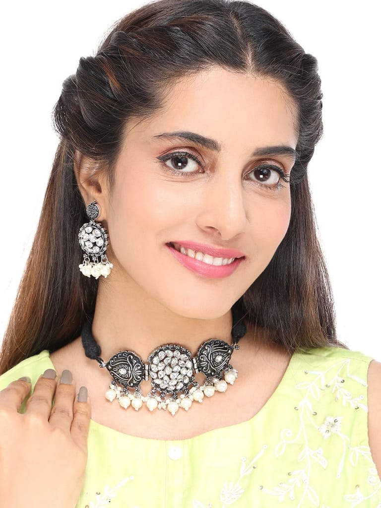 Pujvi Fashions Oxidised Kundan Choker Necklace set view 2