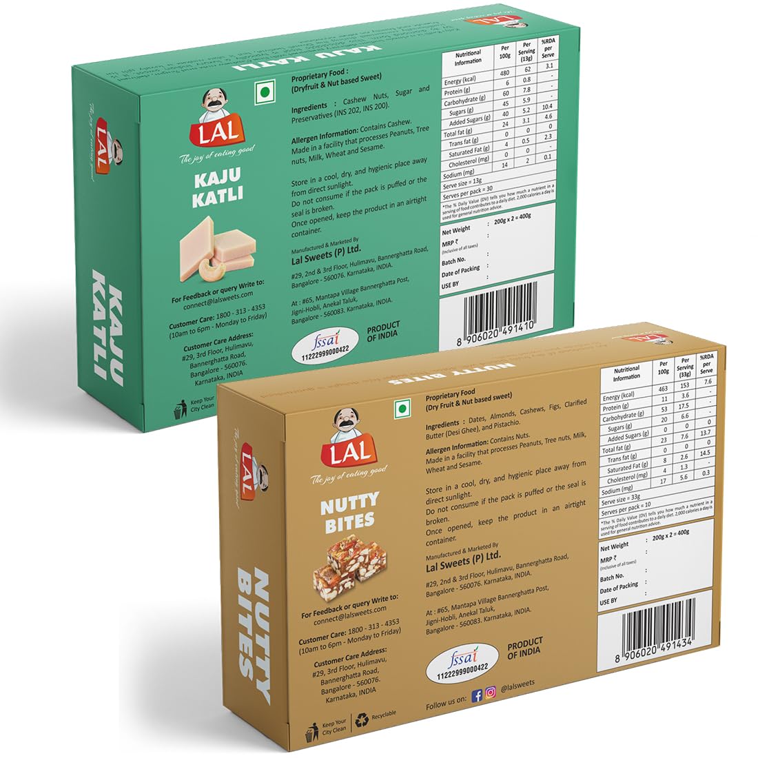 Lal Sweets Kaju Katli & Sugarless Nutty Bites, 400 gm Each - Combo Pack view 2
