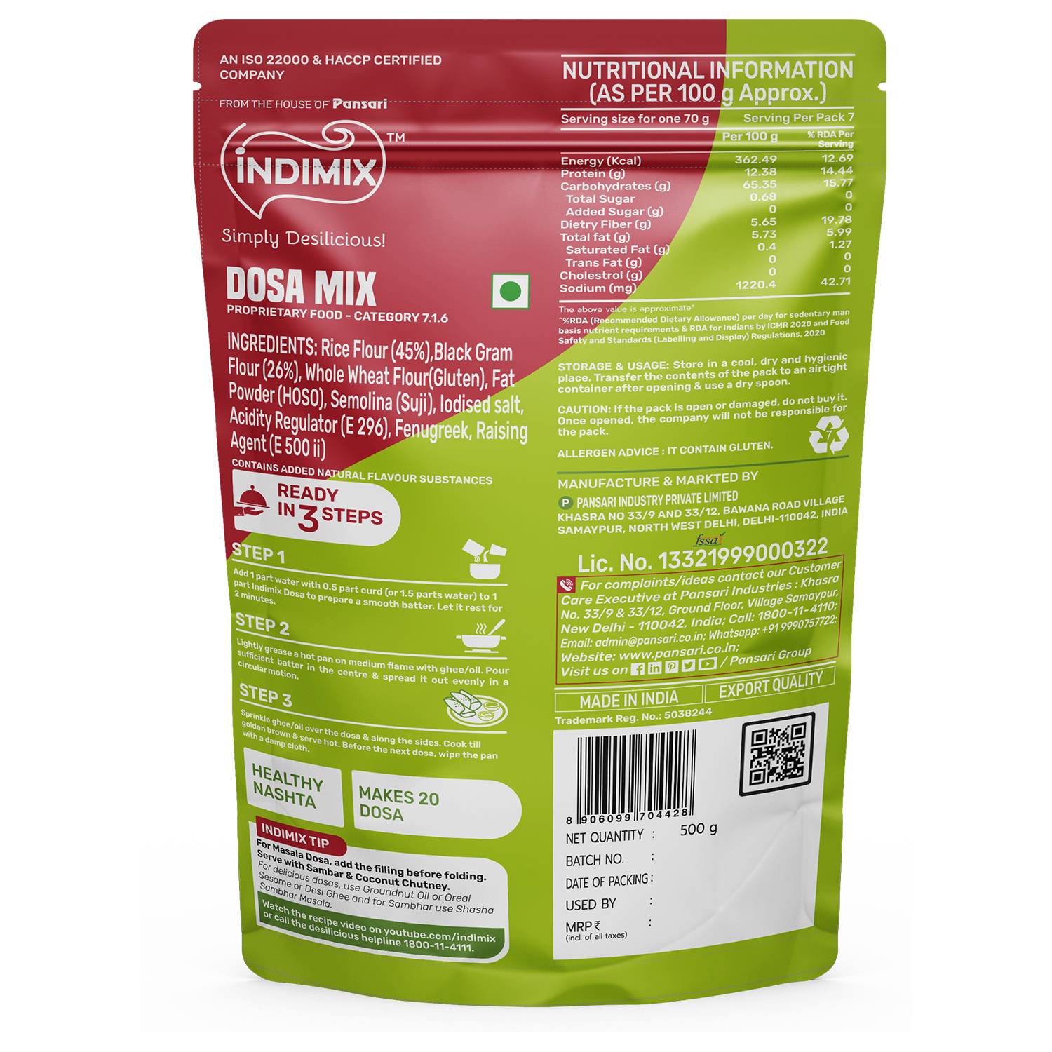 Indimix Ready to Cook Dosa Mix - 500gm view 2