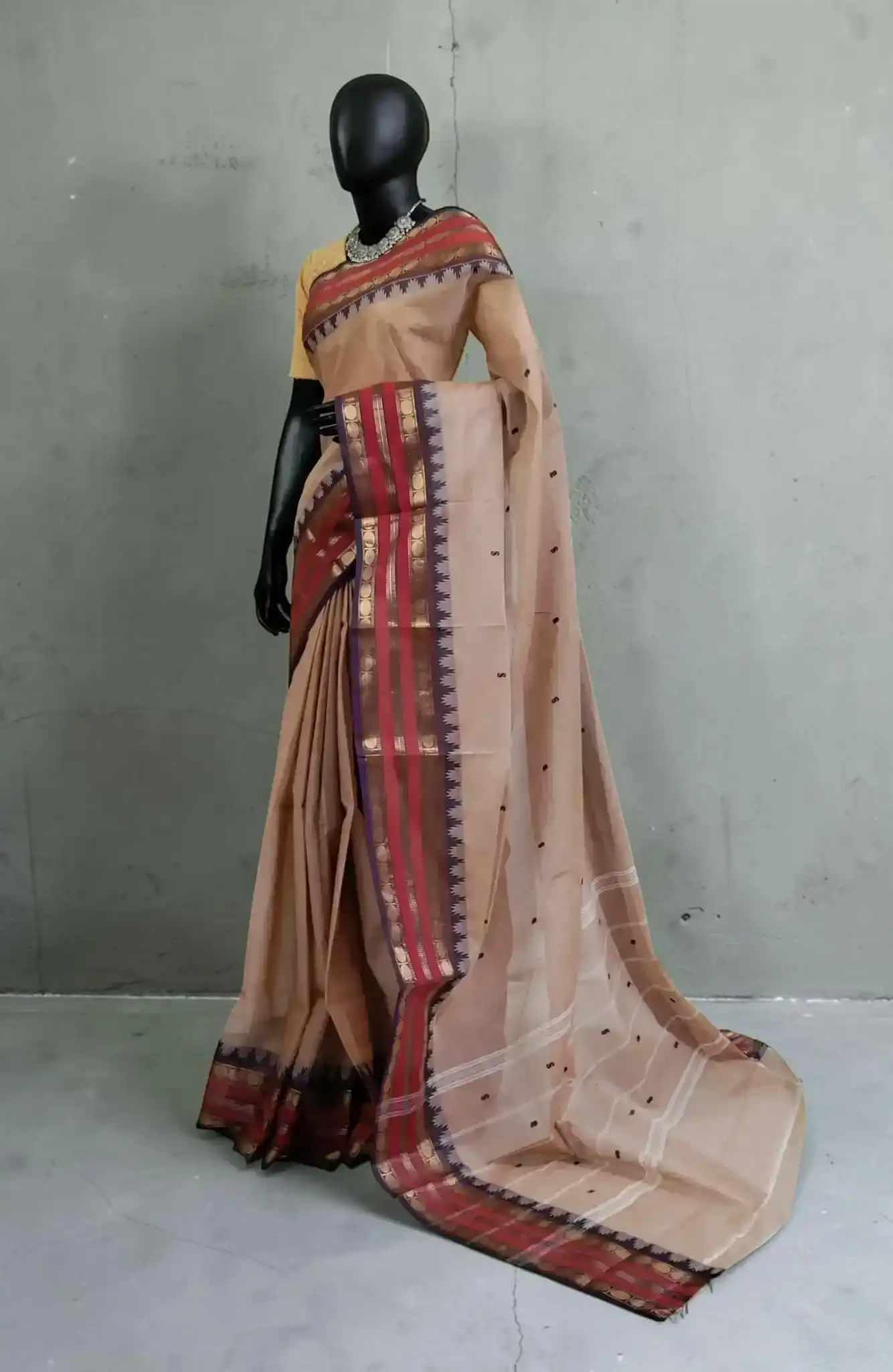 Handwoven Kanchipuram Cotton-Silk Saree in Beige with Blue Border view 2