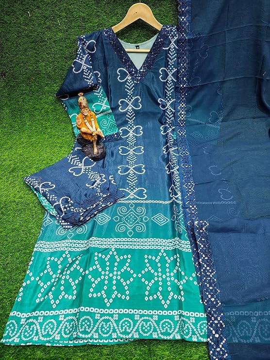Womens Heavy Chinon Embroidered Suit Set Sequence & Zari Work Kurta with Pants & Dupatta Salwar Suit view 2