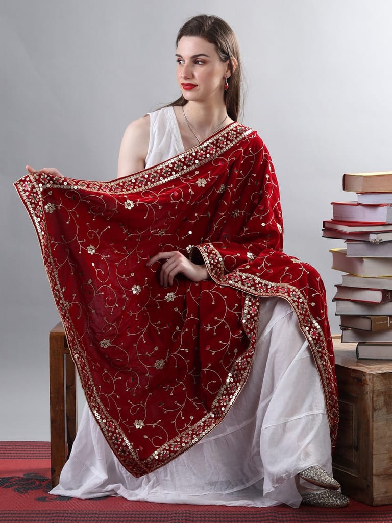 Maroon Zari Embroidered Bail With Sequinned Flowers and Multicolour Thread Kite On Velvet Dupatta From Amritsar view 2