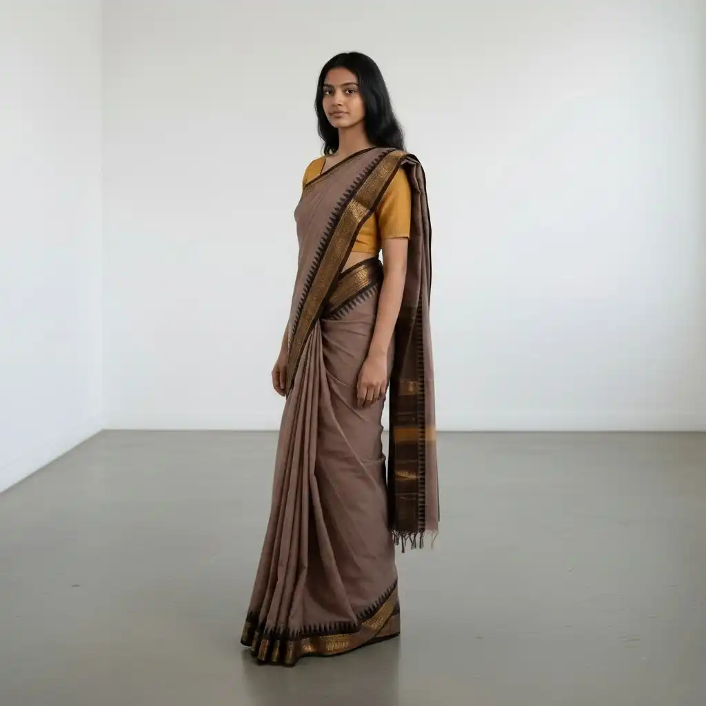 Handwoven Kanchipuram Cotton Saree in Beige with Golden Temple Border view 2