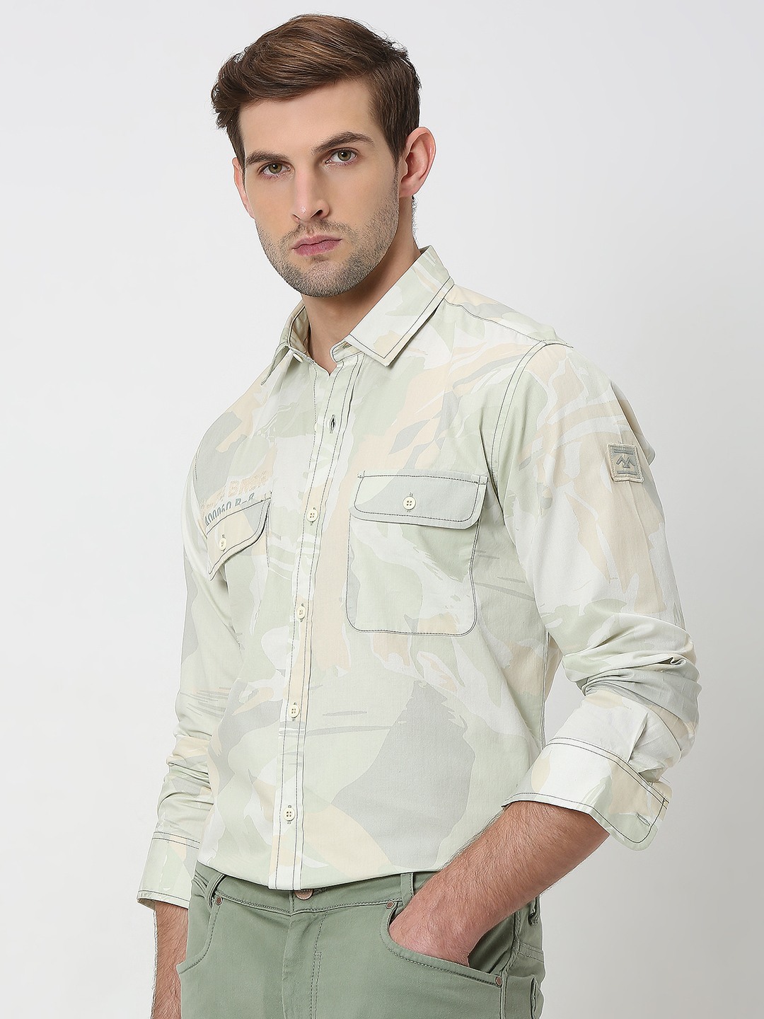 Mufti Light Olive Camo Print Slim Fit Casual Shirt view 2
