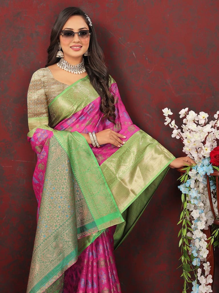 Pink Cotton Woven Design Zari Meenakari Weaving Saree view 2