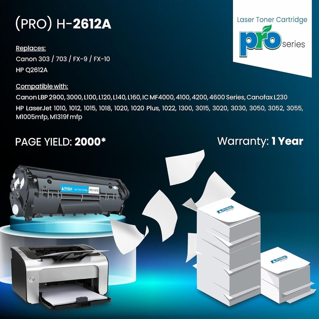 ProDot (PRO H-2612X Laser Toner Cartridge for HP Q2612A & Canon CRG 303/703/FX-9/FX-10 Compatible with HP Laserjet 1010-1020, 3015-3055 & Canon LBP 3000, L160 IC, MF4000 view 2
