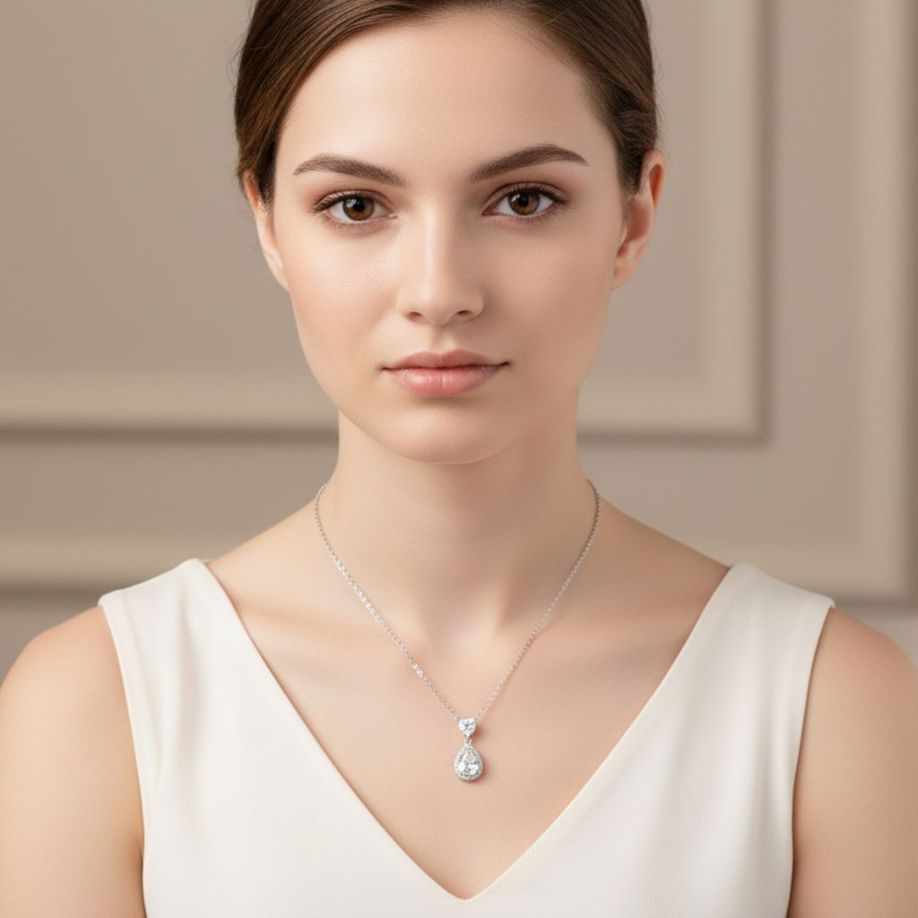 Sterling Silver Teardrop Pendant Necklace with Sparkling Stones for Women I Weight - 5 gram view 2
