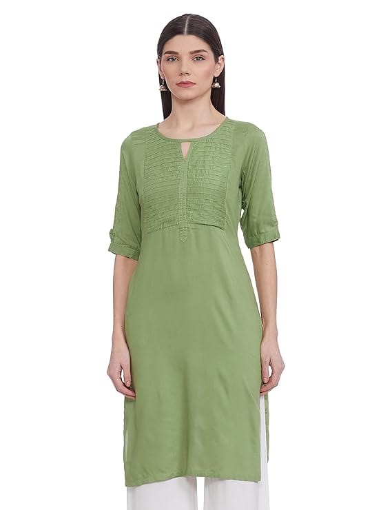 Green Rayon Embroidered A-Line Kurta with Round Neck and 3/4th Sleeves