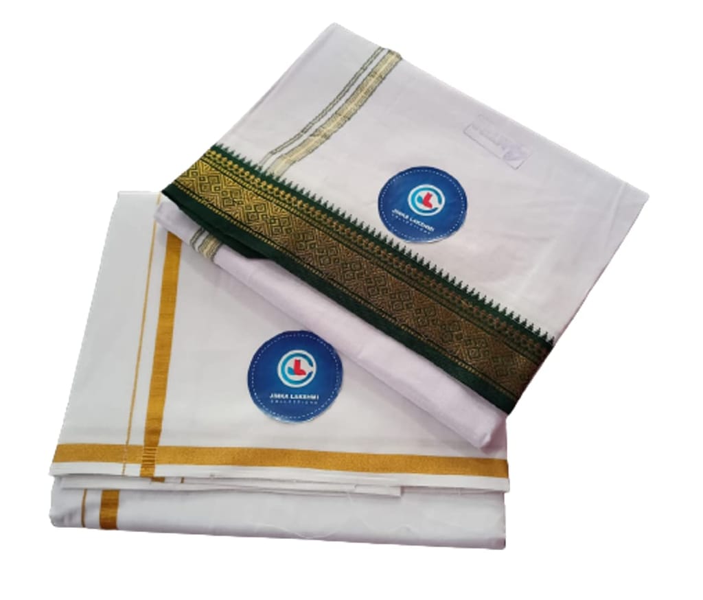 Jinka Lakshmi Collections Handloom Cotton White Dhoti 4 Meters Unstitched Pack of 2 (Multicolor-1) view 2