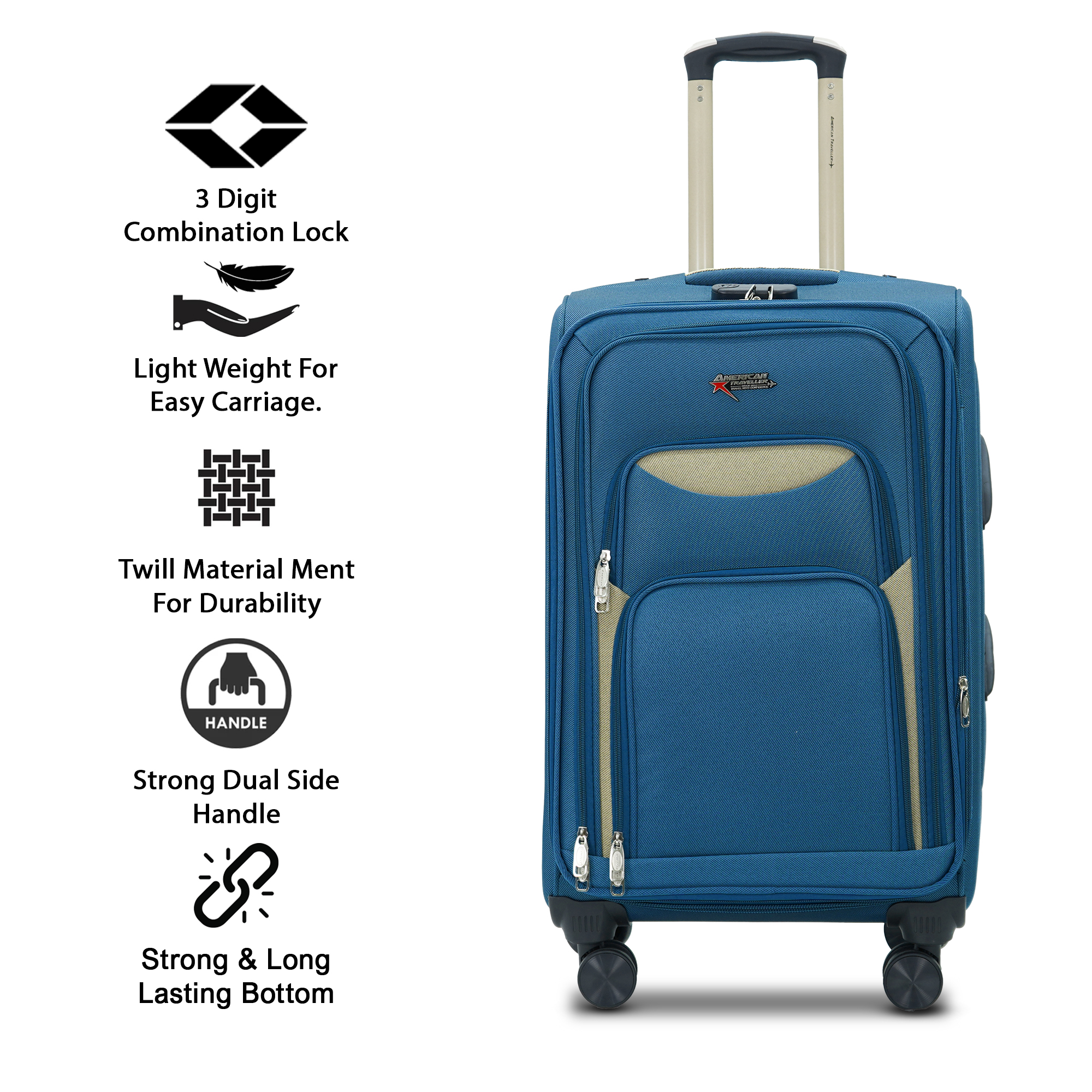 AMERICAN TRAVELLER Tourissem Bossed Trolley Bags Set of 3 Cabin, Medium, Large | Travel Suitcase Luggage | 18% Expandable | 360 Dual Disc Spinner Wheels | Lock & Telescopic Handle (3, Navy Blue) view 2