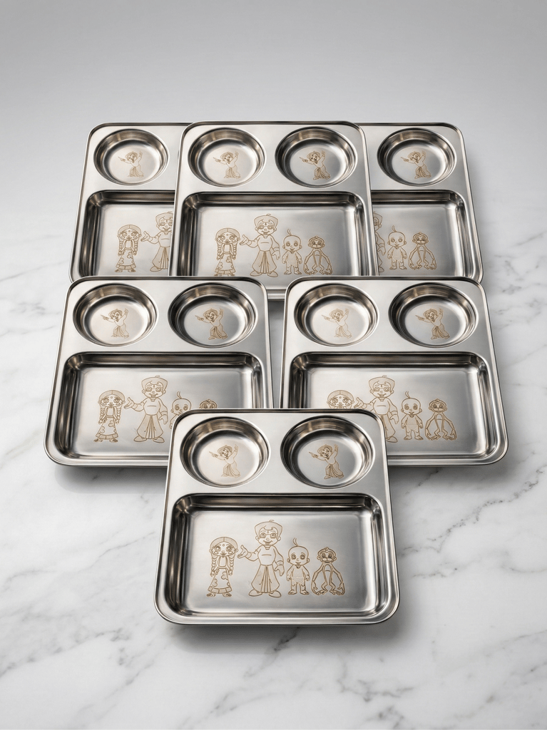 WEKTU 3-Section Stainless Steel Kids Dinner Plate, 26 cm, Laser Engraved Chhota Bheem & Friends Design, Partition Thali for Kanyak / Kanjak Pujan. view 2