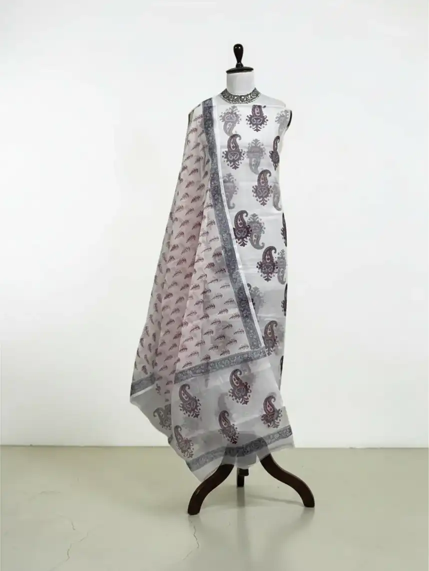 Handwoven Kota Doria Cotton Dress Material with Paisley Buti, Brick Red