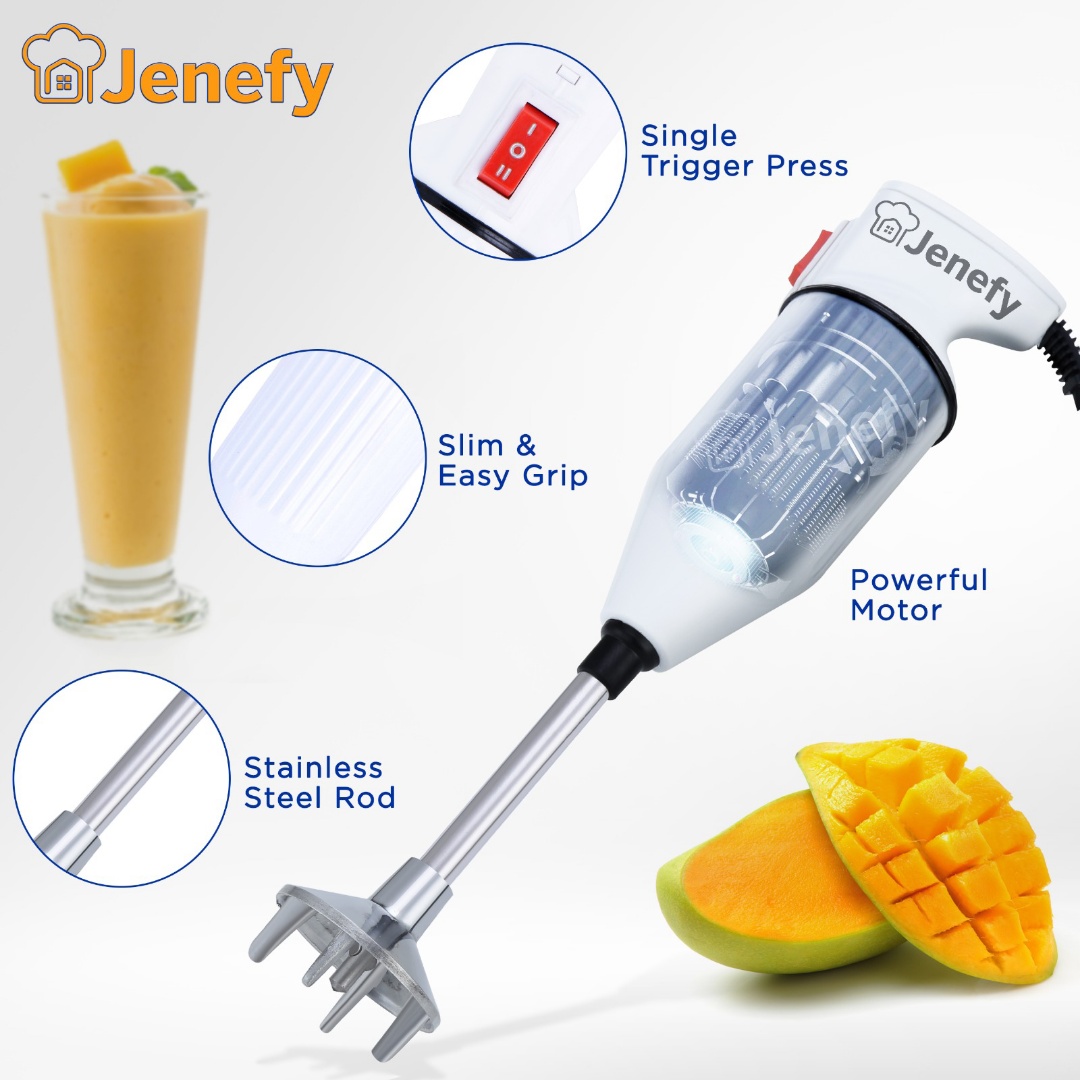 Jenefy Electric Hand Blender Stainless Steel 360W with dual speed & multi attachment Egg Beater blending Coffee Lassi Salad Juice Buttermilk maker Home office pantry canteen kitchen chef use view 2