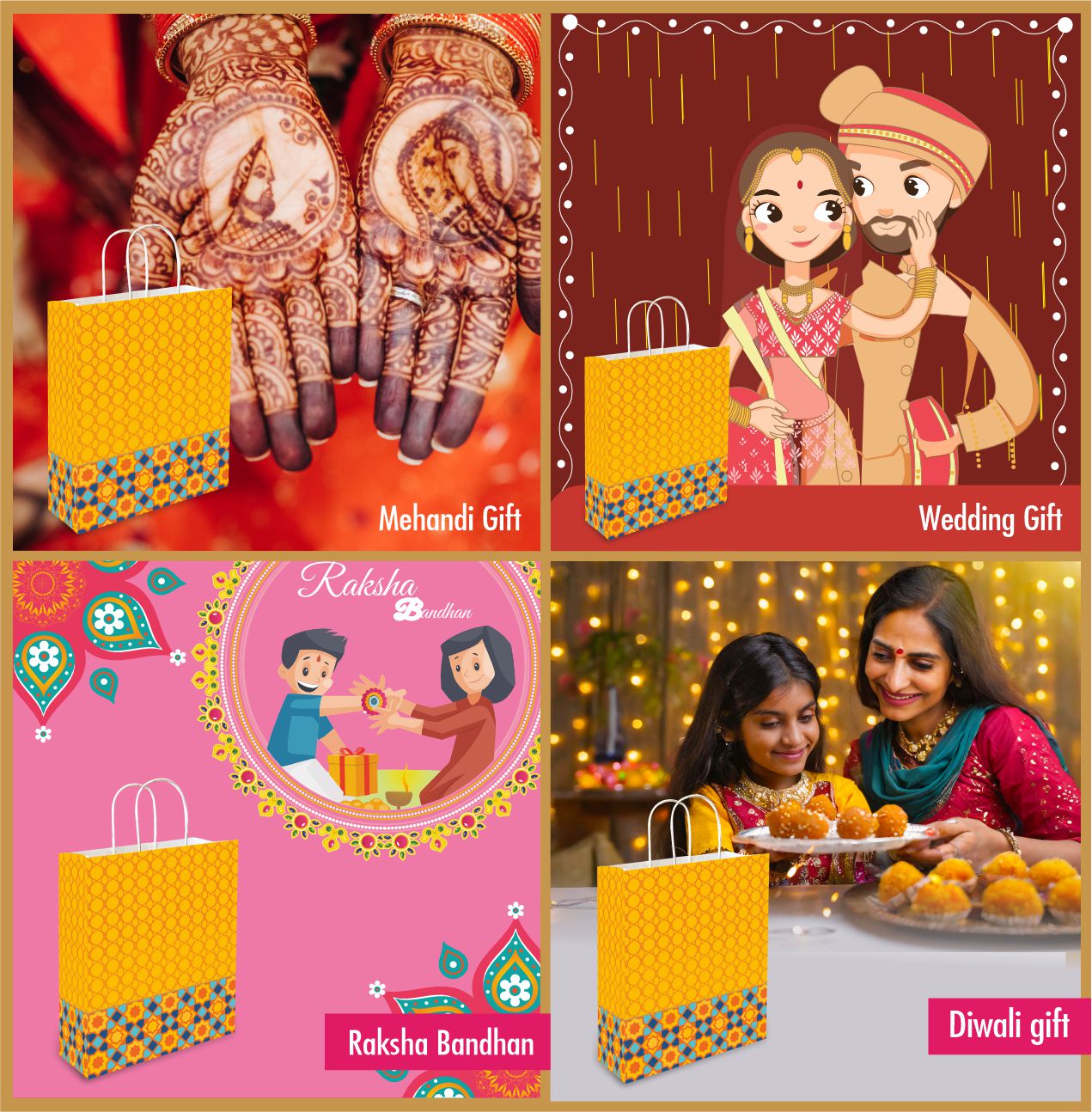Yellow Printed Celebration Paper Gift Bags, Ideal for Raksha Bandhan Gifting, Wedding Gifts, Diwali Gifts & Gifting on Special Occasions (Size: 11.4 x 9.4 x 4.7 inch) - Set of 25 view 2