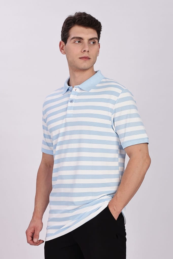 Puff Cotton Sky Blue & White Striped Polo view 2