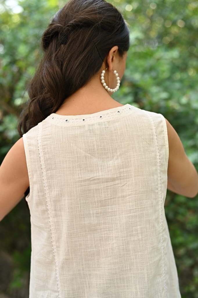 Jasmine Sindhi Hand Embroidered Cotton White Sleeveless Top view 2